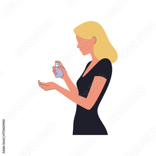 Blonde woman in a black dress holds a purple spray bottle, applying liquid to her hand, portraying a personal care routine. Vector illustration