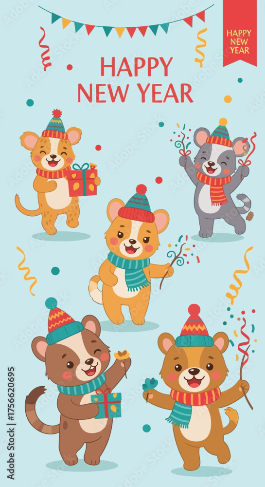 Obraz premium Happy New Year greeting card with cheerful cartoon animals