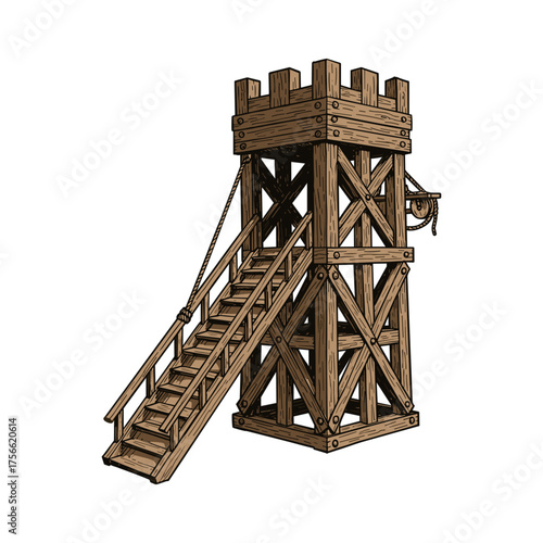 Wooden medieval siege tower with a staircase and fortified battlements, designed for defense and combat. Vector illustration