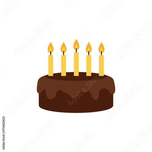Chocolate cake with drizzled icing and five lit yellow candles arranged in a row on top, against a white background. Vector illustration