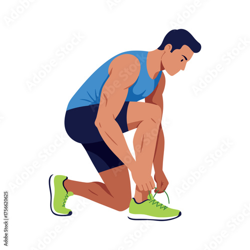 Young athletic male dressed in sleeveless blue shirt and black shorts kneeling to tie the laces of his bright green running shoes. Vector illustration