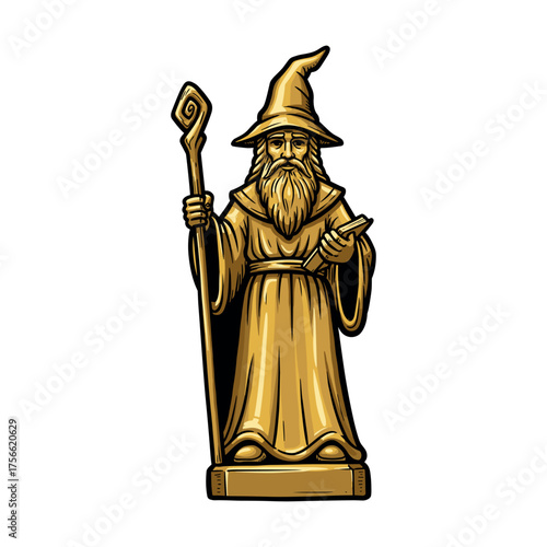 Golden wizard statue holding a staff and a book, featuring a pointed hat and detailed robe, symbolizing magic and wisdom. Vector illustration