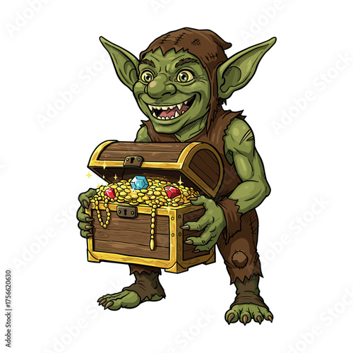 Green goblin character with pointed ears holds a wooden treasure chest overflowing with gold coins and jewels, wearing a tattered brown outfit. Vector illustration