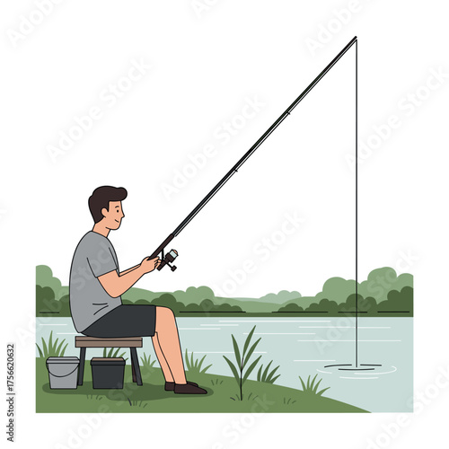Young caucasian male sitting on a wooden stool, fishing by a peaceful lakeside with fishing gear and nature in the background. Vector illustration