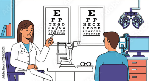 Optometrist examines patient s vision with eye chart and equipment