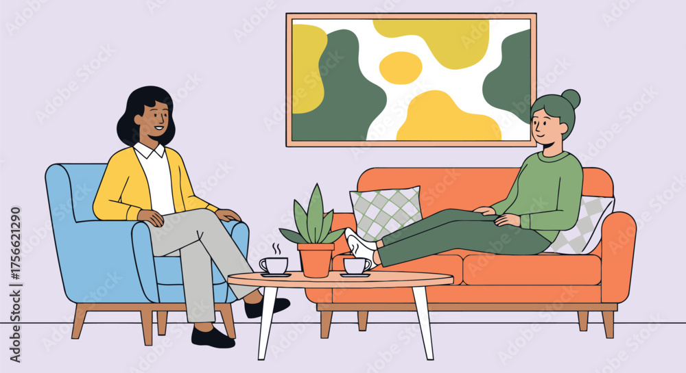 Fototapeta premium Two women having a conversation on a couch and chair