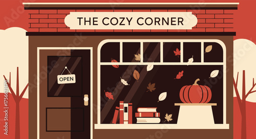 Cozy corner shop displays autumn leaves and pumpkin in window, creating a warm and inviting seasonal atmosphere.