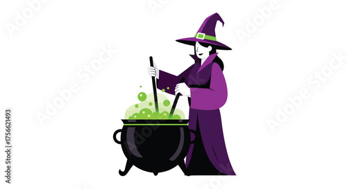 Witch stirs bubbling green potion in large black cauldron during halloween night, creating spooky and magical atmosphere.