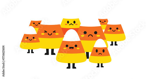 Candy corn characters showing various emotions standing together on white backdrop, expressing the fun and spooky spirit of Halloween.