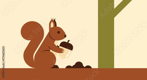 Squirrel holding acorn near tree in autumn forest preparing for winter with a hopeful and industrious mood.