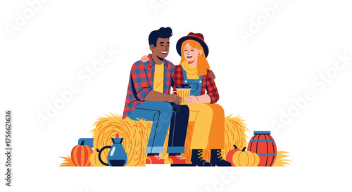 Couple in autumn clothing sitting on hay bales surrounded by pumpkins and gourds enjoying the fall season together, creating a cozy and festive atmosphere.