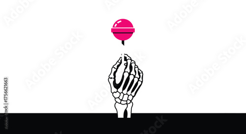 Skeleton hand reaches for a bright pink lollipop against a stark white backdrop, creating a playful yet macabre scene with a touch of dark humor.