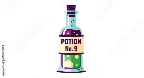 Potion bottle filled with purple and green liquid sits on white surface, labeled 'Potion No. 9', creating a whimsical and magical atmosphere.
