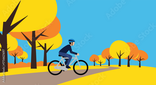 Man rides bicycle on path through autumn park with colorful trees under clear blue sky, enjoying the crisp air and vibrant scenery.