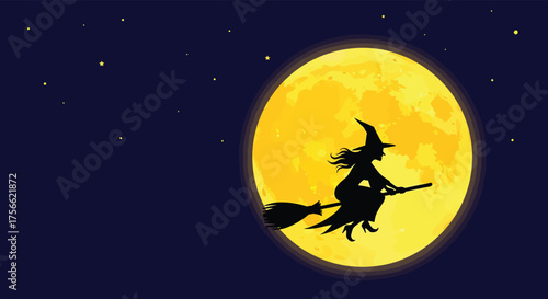 Witch flies on broomstick across night sky in front of full moon with stars, creating spooky Halloween atmosphere.