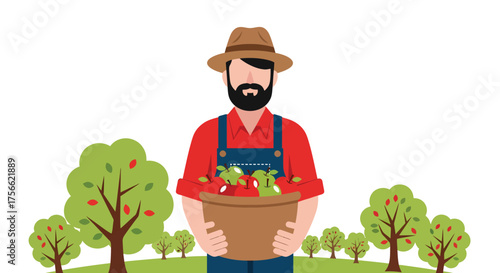 Farmer carrying basket full of fresh red tomatoes through the orchard on a sunny day, showcasing the bounty of the harvest and the beauty of rural life.