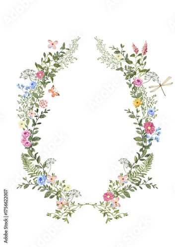 Watercolor midflower greenery oval frame. Botanical watercolor wreath.
