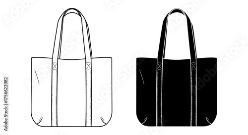 Black and White Tote Bag Outline Vector