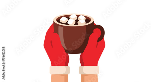 Hands in red mittens holding a mug of hot chocolate with marshmallows on a white surface, creating a cozy and comforting winter scene.