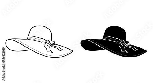 Elegant wide-brimmed sun hat icon set in outline and silhouette style