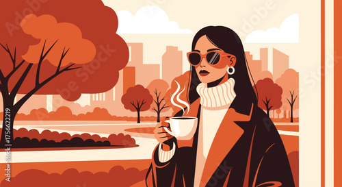 Stylish woman sips coffee in urban park, enjoying autumn scenery with city skyline in the distance, conveying a sense of calm and sophistication.
