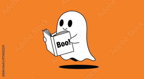 Cute ghost reading a book with the word Boo! on it against an orange backdrop, creating a playful and spooky halloween atmosphere.