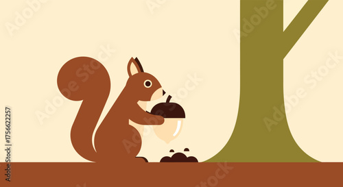 Squirrel holding acorn near tree in autumn forest, foraging for food with a cute and playful vibe. featuring stunning details and textures.