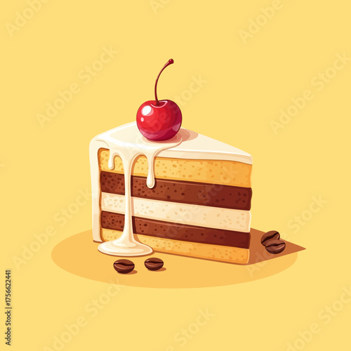 Delicious Cake Slice with Cherry and Coffee Beans