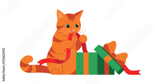 Ginger cat playfully unravels red ribbon from a green and orange striped gift box on a white surface, creating a cheerful and festive scene.