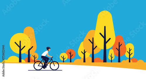 Man riding bicycle on path through colorful autumn trees under clear blue sky, enjoying peaceful outdoor recreation and healthy lifestyle.