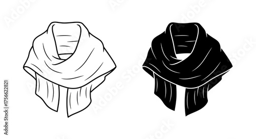 Vector icon set of a draped fashion scarf, outline and solid silhouette style