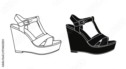 Wedge sandal vector icon set with outline and silhouette styles