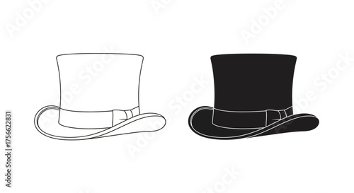 Elegant Top Hat Outline and Silhouette Vector Icons
