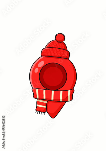 Red Cartoon Location Pin Wearing Knitted Winter Hat and Striped Scarf, Glossy Texture