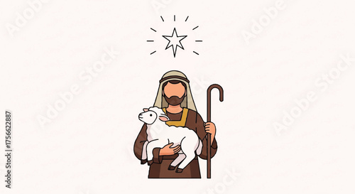 Cartoon Shepherd Holding Lamb with Star of Bethlehem Above