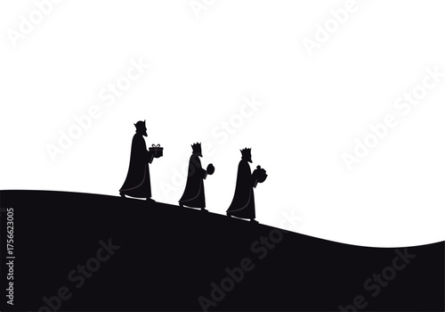 Three Kings Silhouette Bearing Gifts on a Hill