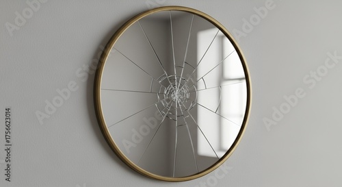 A circular wall mirror with a gold frame that is cracked radially from the center, set against a plain gray wall, symbolizing bad luck or fracture