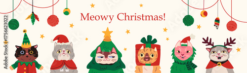 Cute Christmas cat characters in festive costumes. Cartoon banner design with cats dressed as Santa, reindeer, elf, and tree. “Meowy Christmas” card and holiday vector decor