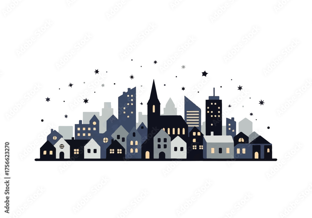 Fototapeta premium Stylized blue urban cityscape with a church and glowing windows under a starry night sky.