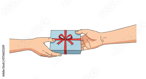Hands Exchanging a Light Blue Gift Box with Red Ribbon
