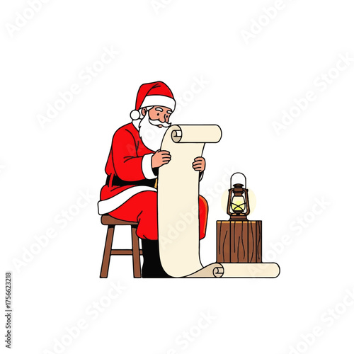 Santa Claus in Red Suit Reading Christmas List Scroll