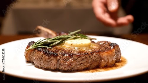 Perfectly Grilled Ribeye Steak Served at a Fine Dining Restaurant.