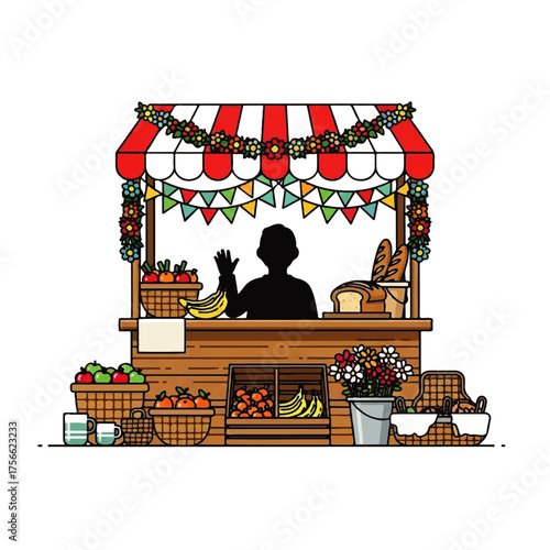 Vibrant market stall with vendor silhouette waving, offering fresh produce, bread, and flowers under a striped awning.