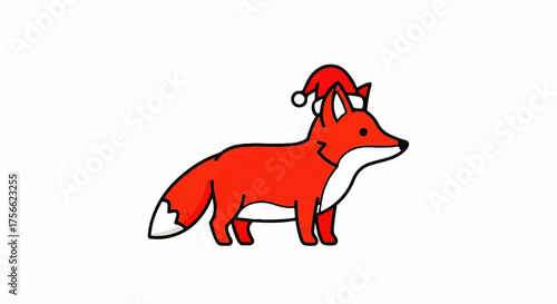 Adorable cartoon red fox with a white-tipped tail wearing a festive Santa Claus hat.