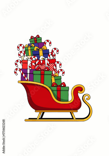 Festive Christmas Sleigh Overflowing with Colorful Gifts and Candy Canes