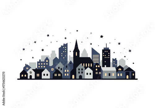 Stylized blue urban cityscape with a church and glowing windows under a starry night sky.