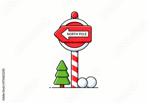 A festive North Pole directional sign with a candy cane striped pole, a small fir tree, and snowballs.