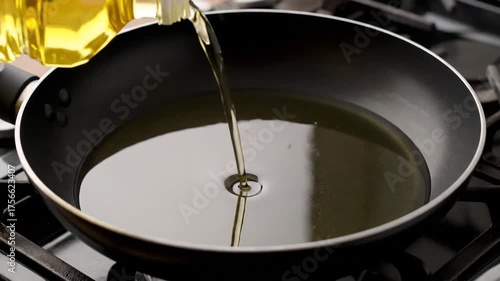 Pouring Cooking Oil into a Pan on a Gas Stove for Frying.