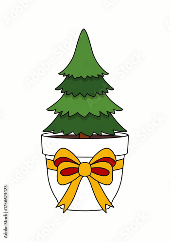 Cartoon Christmas Tree in a White Pot with Yellow Bow Decoration