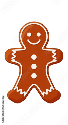 Smiling gingerbread man cookie with white icing details and button decorations.